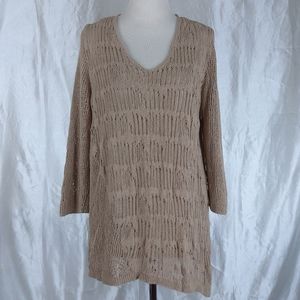 Roz & Ali Crocheted Lined Geometric Blouse Size XL V Neck 3/4 Of Sleeve Mocha